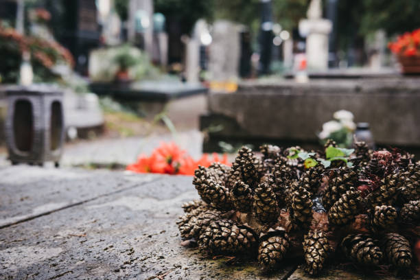 istock Pine cone wreath on a grave in European Cemetery. 1061337942