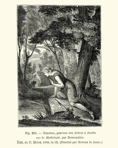 Greek mythology, Narcissus looking at his reflection Vintage engraving from Greek mythology, Narcissus looking at his reflection. In Greek mythology, Narcissus was a hunter from Thespiae in Boeotia who was known for his beauty. Narcissus is the origin of the term narcissism, a fixation with oneself and one's physical appearance or public perception. narcissus mythological character stock illustrations
