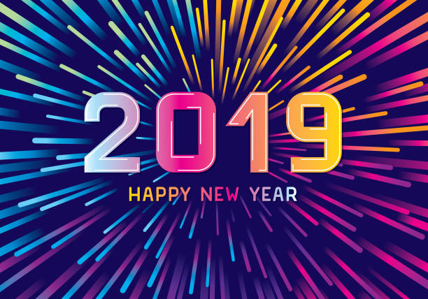 Colorful new year fireworks Editable vector illustration on layers. 
This is an AI EPS 10 file format, with transparency effects, gradients and one clipping mask. new year's eve 2019 stock illustrations