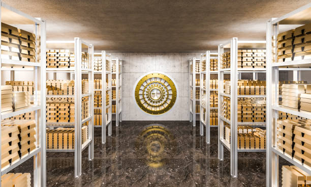 3d rendering of gold ingot in bank vault view from inside