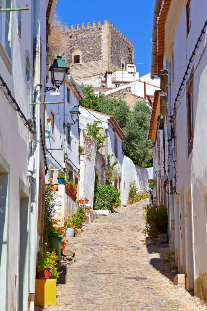 keep tower of the medieval castelo de vide castle seen from the judiaria aka medieval jewish quarter or ghetto. - castelo de vide imagens e fotografias de stock