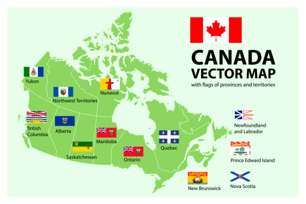 illustrations, cliparts, dessins animés et icônes de set de vector. carte du canada avec les drapeaux des provinces et territoires. - alberta map cartography canada