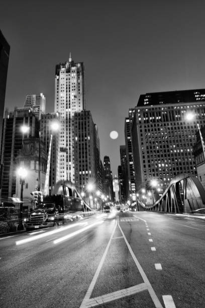 istock Traffic in the night, Downtown Chicago. Black And White. 1061358002