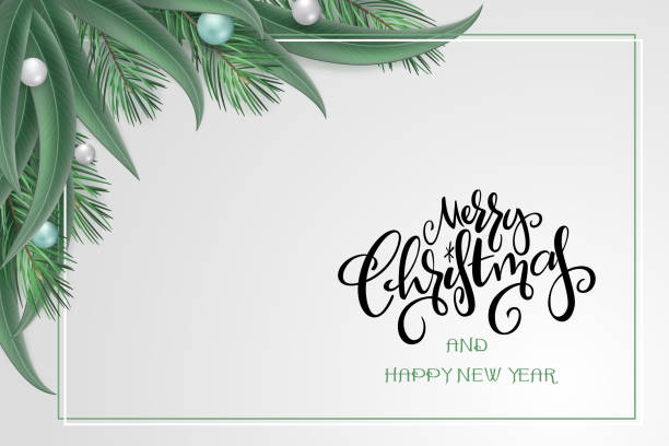 istock Vector illustration of christmas greeting card template with hand lettering label - merry christmas - with realistic spruce and eucalyptus branches, beads, and snowflakes 1061358400