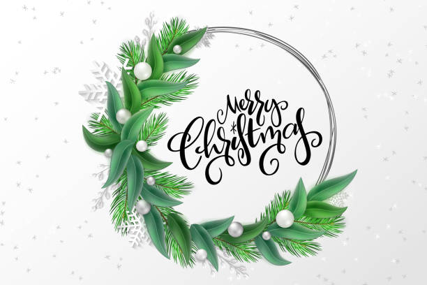 istock Vector illustration of christmas greeting card template with hand lettering label - merry christmas - with realistic spruce and eucalyptus branches, beads, and snowflakes 1061358508