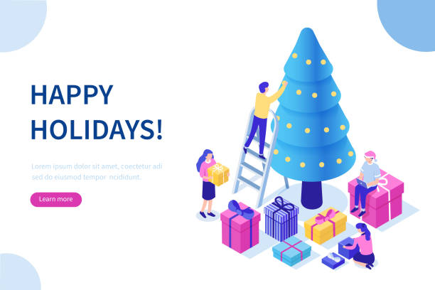happy holidays Happy business people decorate Christmas tree and prepare gift boxes together. Can use for web banner, infographics, hero images. Flat isometric vector illustration isolated on white background. office christmas party stock illustrations