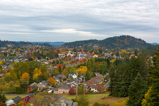 Happy Valley Oregon suburban residential neighborhood by Mount Talbert during fall season