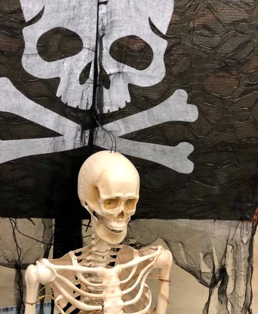 istock Skeleton sitting in front of pirate flag 1061361132