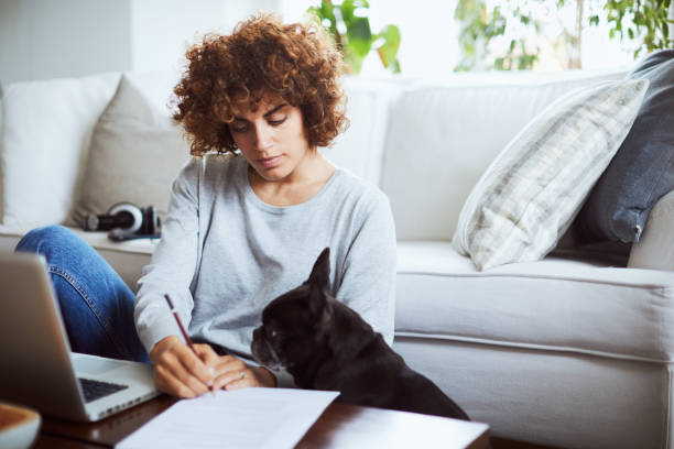 Home office Lifestyles in Barcelona, one woman at home.
spanish model. spanish bulldog stock pictures, royalty-free photos & images