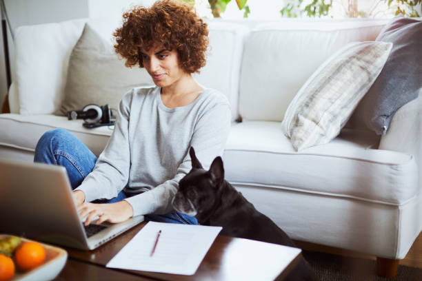 Home office Lifestyles in Barcelona, one woman at home.
spanish model. spanish bulldog stock pictures, royalty-free photos & images