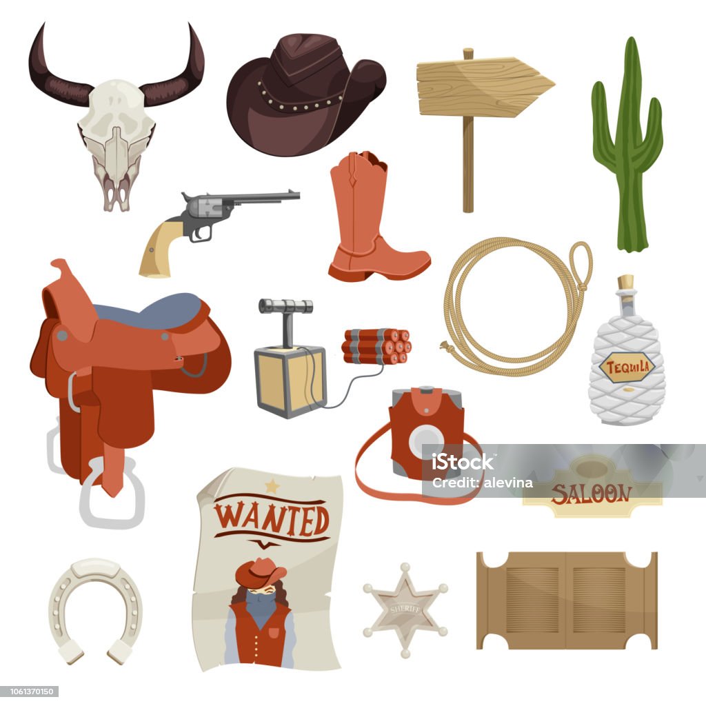 Mobile Cowboy stuff with cow skull and tequila icons set. wild west western cartoon vector illustration isolated on white Wild West stock vector