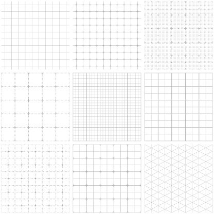 Set of graph paper. Lines and dots, dotted grid paper, dashed lines. Grid seamless patterns. Vector geometric backgrounds. One color - gray.