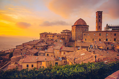Sunset in Volterra, a mountaintop town in the Tuscany region of Italy.