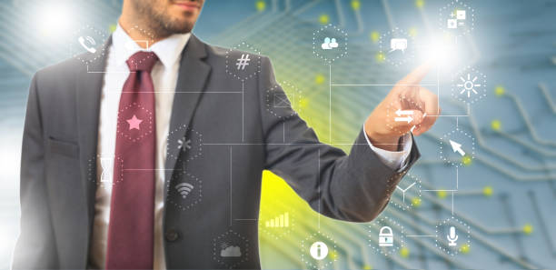 istock Man pointing at app icons on abstract network connection background. 3d illustration 1061376808