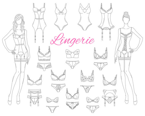 Female lingerie collection with beautiful fashion models, vector sketch illustration. Fashionable female lingerie collection with beautiful fashion models in lace underwear, vector sketch illustration isolated on white background. vintage garter belt stock illustrations