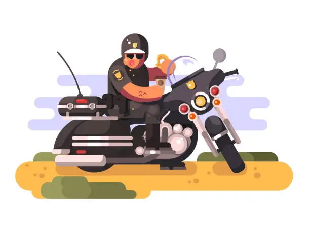Vector illustration of Police officer with donut and coffee on motorcycle
