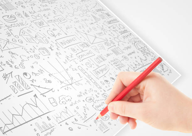 흰 종이에 아이디어를 스케치 하는 인간의 손 - order whiteboard human hand drawing 뉴스 사진 이미지