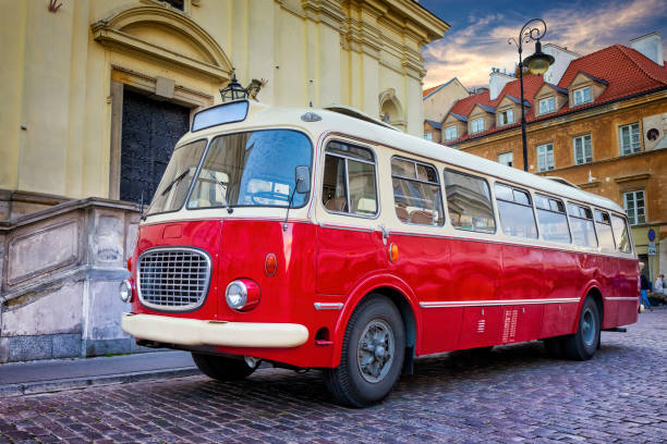 Old red bus in Warsaw's Old Town, Poland