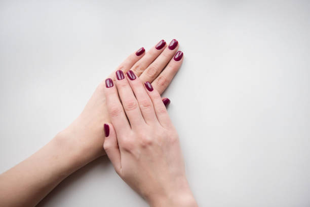 istock Manicured hands on white background. Red manicure. 1061387160