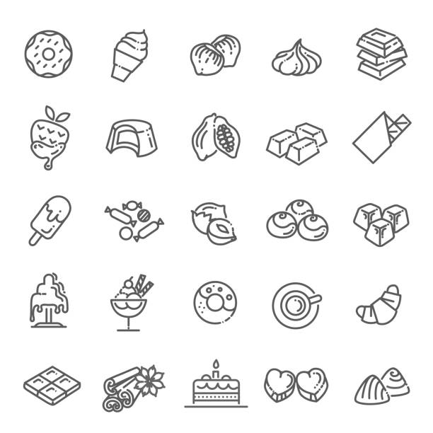 ilustraciones, imágenes clip art, dibujos animados e iconos de stock de set vector línea iconos en diseño plano chocolate, postres, cacao y caramelo - chocolate