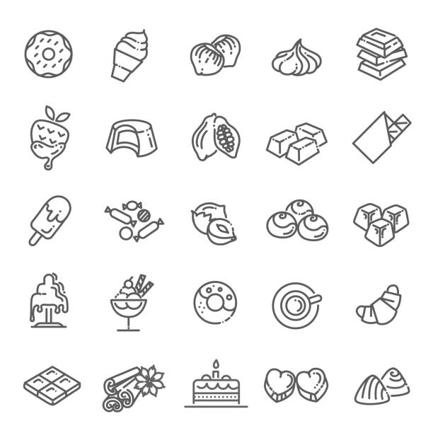 ilustrações de stock, clip art, desenhos animados e ícones de set vector line icons in flat design chocolate, dessert, cacao and candy - chocolate