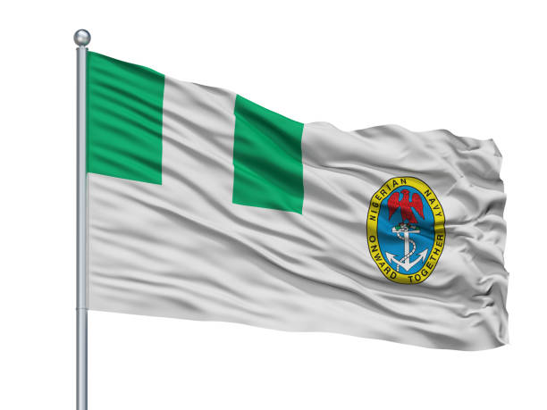 bandiera della guardia marina della nigeria sull'asta della bandiera, isolata su bianco - naval flag foto e immagini stock