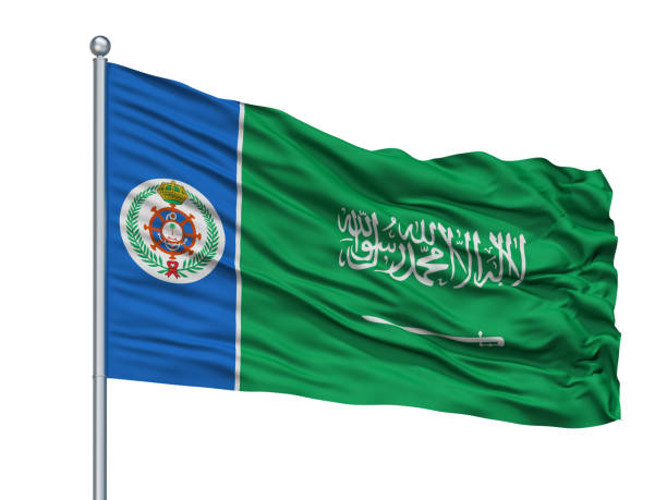 bandiera della guardia marina dell'arabia saudita sull'asta della bandiera, isolata su bianco - naval flag foto e immagini stock