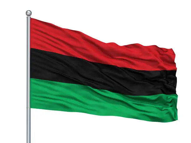 Panafrican Unia Afro American Black Liberation Flag On Flagpole, Isolated On White Background, 3D Rendering