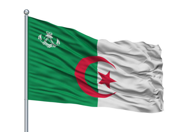 Algeria Naval Ensign Flag On Flagpole, Isolated On White Background, 3D Rendering