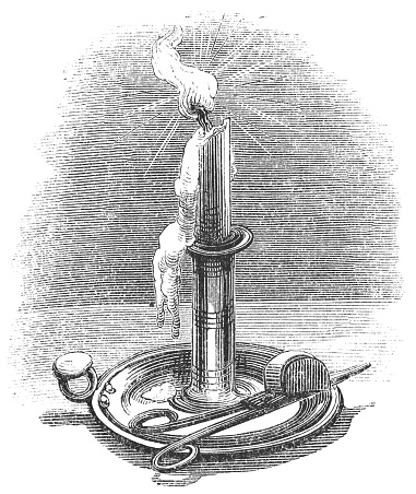 Lit candle in a candlestick holder. (circa mid 19th century). Vintage etching circa mid 19th century.