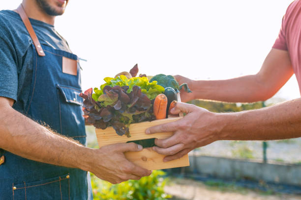 istock Local farmer talks with customer at farmers' market 1061401072