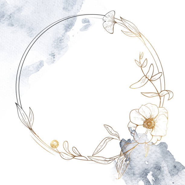 gold und schwarz hochzeit einladung vorlage; skizzierte floral äste, anemonen, algen, gold, die geometrische ring, aquarell spritzt. staubige blau mit weiß. nautische kunst. marine hochzeitsstil. - golden algae stock-grafiken, -clipart, -cartoons und -symbole