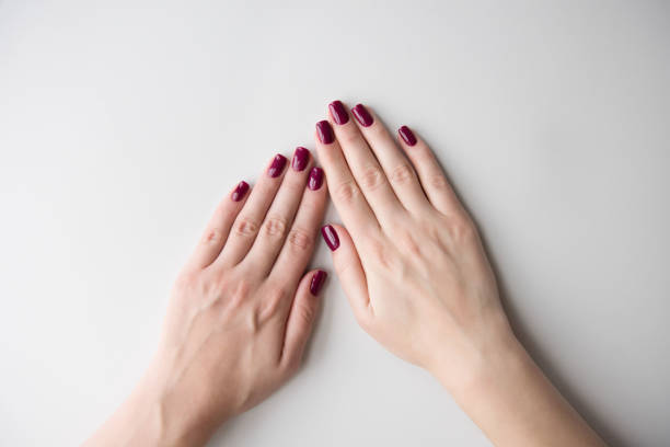 istock Manicured hands on white background. Red manicure. 1061406376