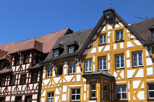 Furth town in Germany (region of Middle Franconia). Timber framing architecture at Marktplatz square (also known as Gruner Markt).