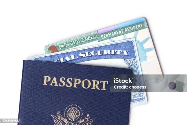 United States Passport Social Security Card And Resident Card Isolated On White Background Immigration Concept Stock Photo - Download Image Now