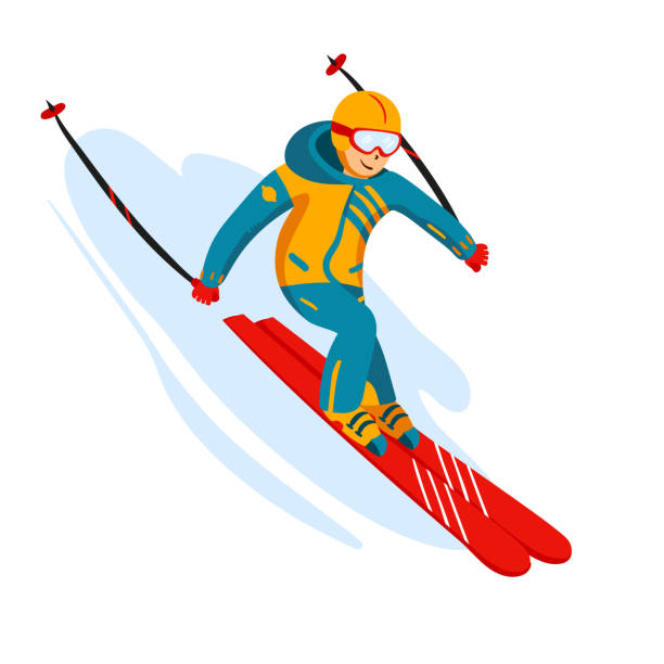 ilustrações de stock, clip art, desenhos animados e ícones de vector skier cartoon flat style. man in the ski resort. winter sport activity. simple characters. isolated on white background - winter men joy leisure activity