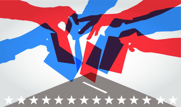 Voting in USA elections Colourful overlapping silhouettes of people voting in USA elections democracy illustrations stock illustrations