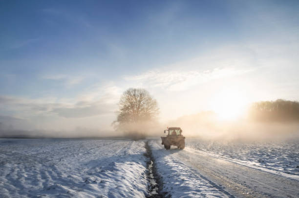 silhouette de tracteur à travers brouillard au lever du soleil - prairie farm winter snow photos et images de collection