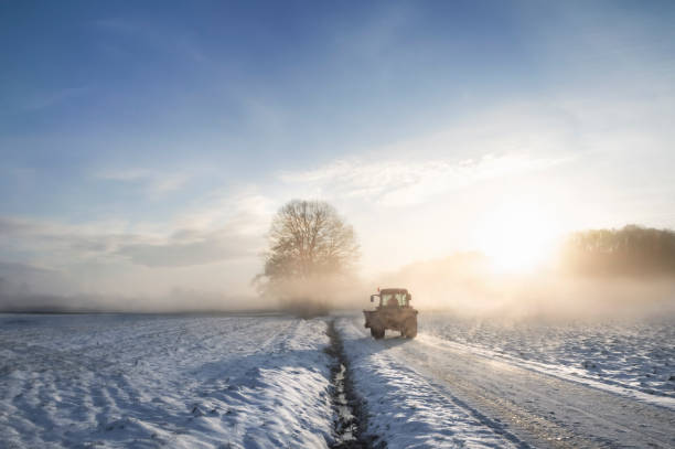 tractor silhouette through fog at sunrise - winter snow landscape field imagens e fotografias de stock