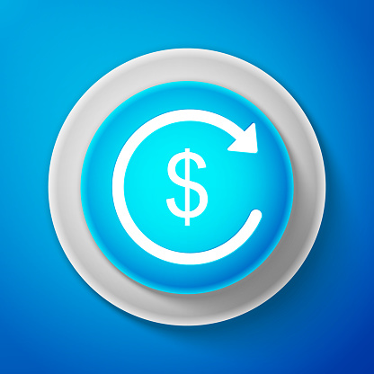 Refund money icon isolated on blue background. Financial services, cash back concept, money refund, return on investment, savings account, currency exchange. Circle blue button. Vector Illustration