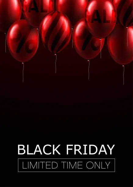 Vector illustration of Black Friday sale promotion card with red balloons.
