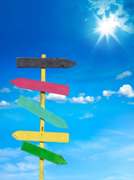 istock colorful blank wooden directional signs over sunny sky 1061420320
