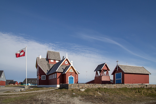 Qeqertarsuaq, Greenland - July 4, 2018: The church, which has an octagonal shape