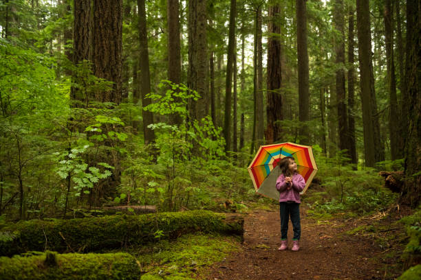Child playing with balloons in a lush green coastal forest