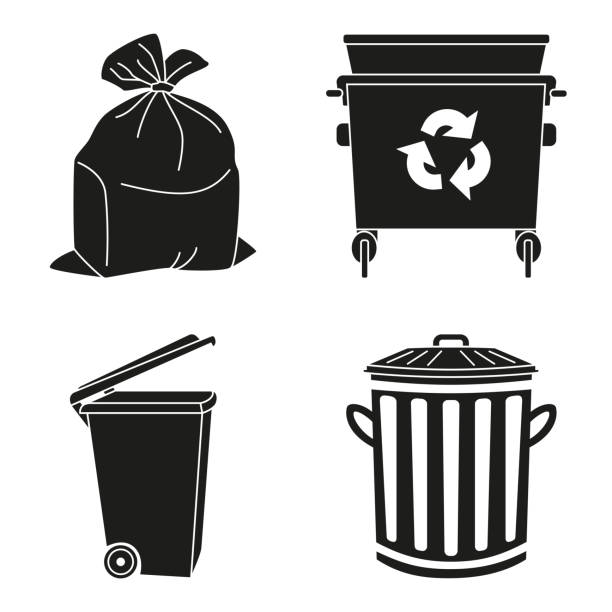 Black and white garbage silhouette collection Black and white garbage silhouette collection. Trash bins and bag. Waste disposal themed vector illustration for icon, logo, stamp, label, emblem, certificate, leaflet, brochure or banner decoration garbage bag stock illustrations