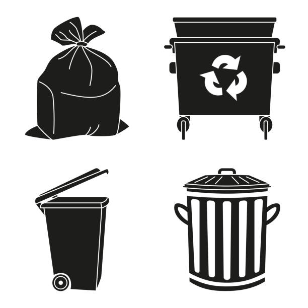 Black and white garbage silhouette collection Black and white garbage silhouette collection. Trash bins and bag. Waste disposal themed vector illustration for icon, logo, stamp, label, emblem, certificate, leaflet, brochure or banner decoration bin bag stock illustrations