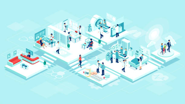 wektor izometryczny kliniki medycznej szpitalnej opieki szpitalnej z pokojami, pacjentów, lekarzy i pielęgniarek. - isometric patient people healthcare and medicine stock illustrations