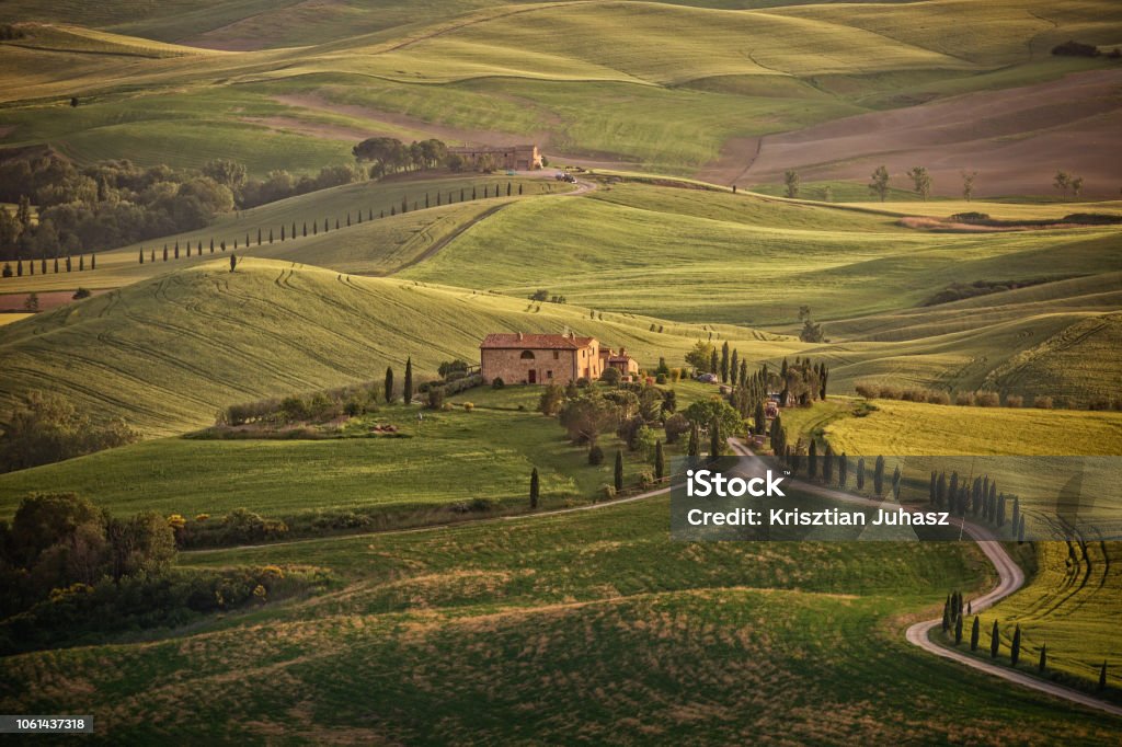 Sunny afternoon in Tuscany Landschaft und Bauernhaus in den Hügeln von Val d'Orcia - Landscape and farmhouse in the hills of Val d'Orcia, Tuscany, Italy Fine Art Painting Stock Photo