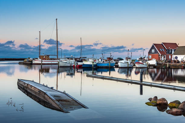 View to the port of Klintholm Havn in Denmark stock photo