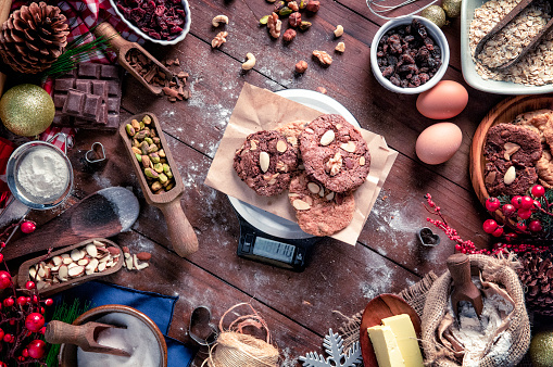 Ingredients for chocolate and nuts cookie making